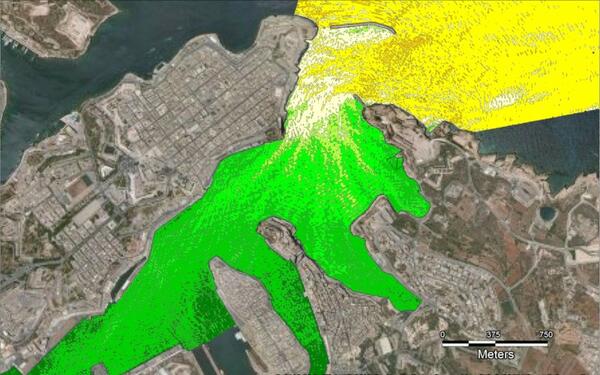 Modèle numérique : Epure d'agitation dans Grand Harbour pour un clapot de provenance du N75°, Tp= 5s