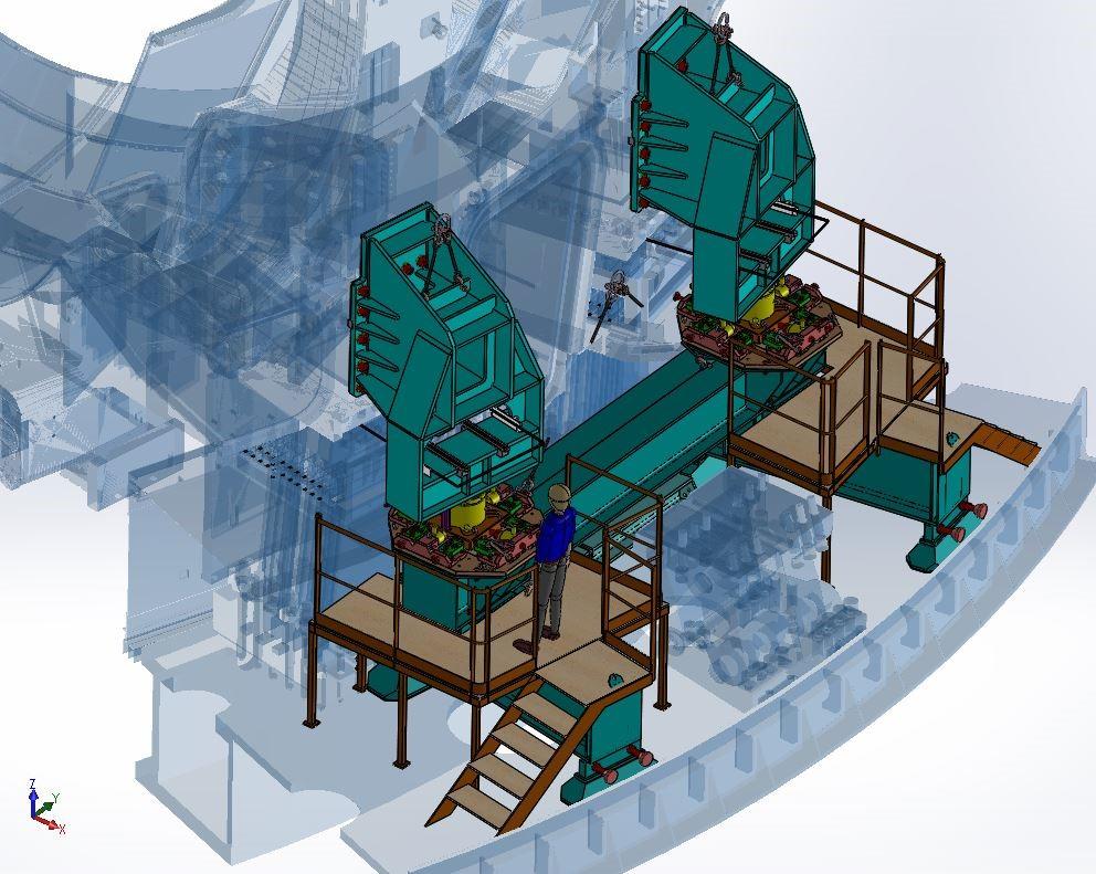 Vue des tables de positionnement soutenant le premier secteur dans le puits du Tokamak d'ITER | Spretec